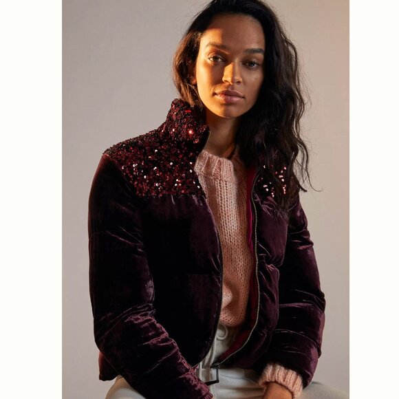 NWT Anthropologie Maeve Sequined Burgundy Puffer Jacket with High Collar Size XS - Picture 1 of 11